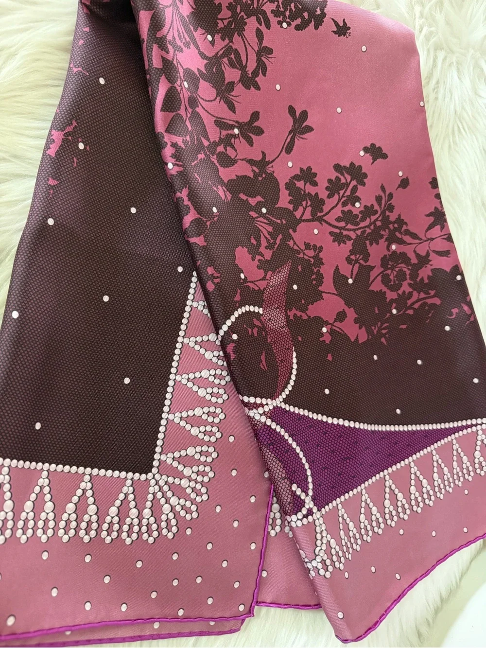 Nina Ricci Pink and Plum Floral Border Silk Square Scarf.